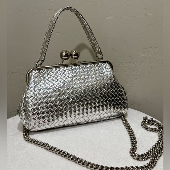 Stunning Silver Woven Leather Handmade Large Ball Kisslock Purse/Multi Use Bag - Picture 1 of 11